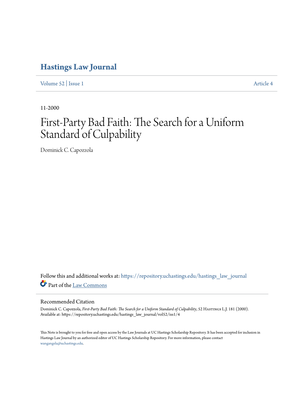 First-Party Bad Faith: the Search for a Uniform Standard of Culpability, 52 Hastings L.J