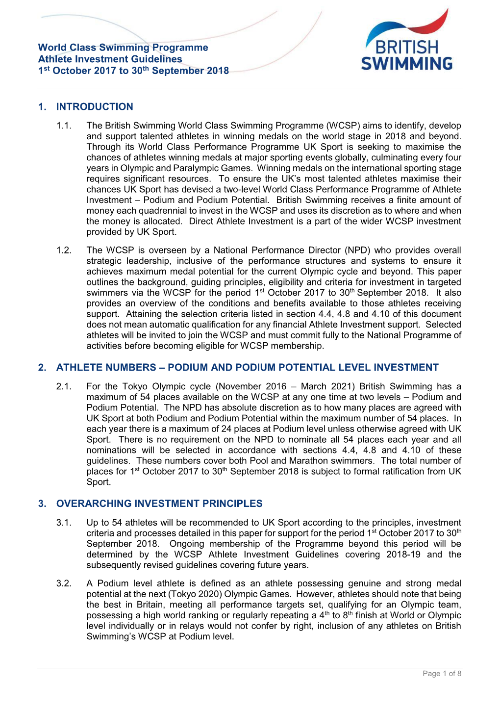 World Class Swimming Programme Athlete Investment Guidelines 1St October 2017 to 30Th September 2018