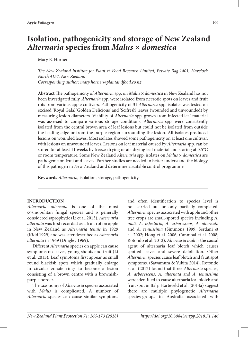 Isolation, Pathogenicity and Storage of New Zealand Alternaria Species