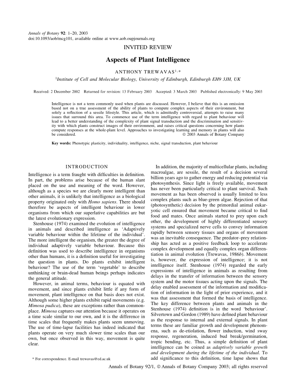 Aspects of Plant Intelligence