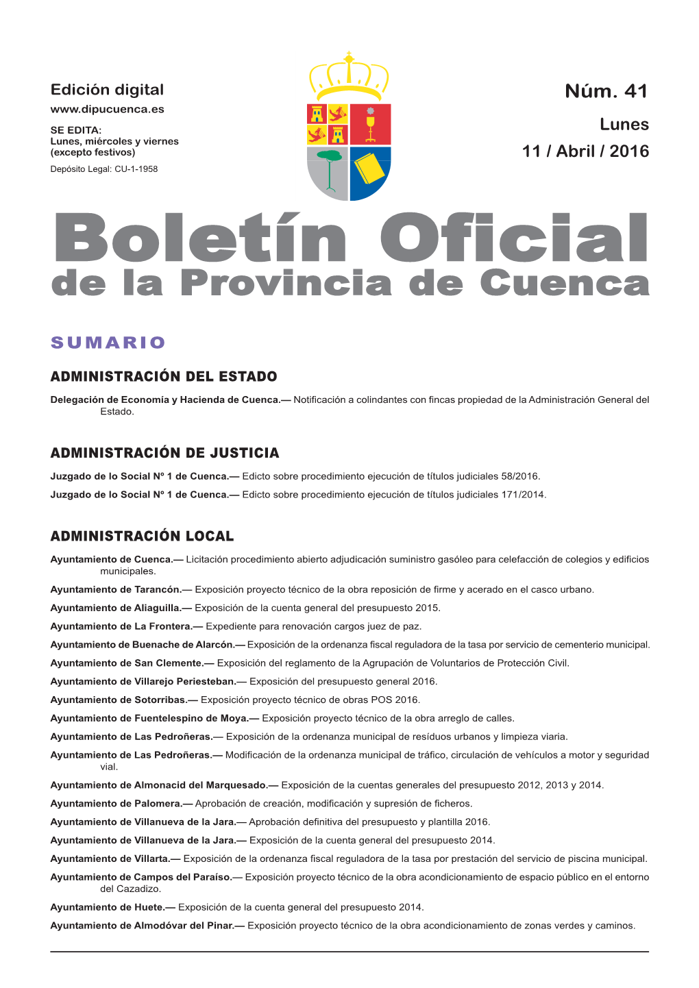 Boletín Oficial De La Provincia De Cuenca Sumario Administración Del Estado