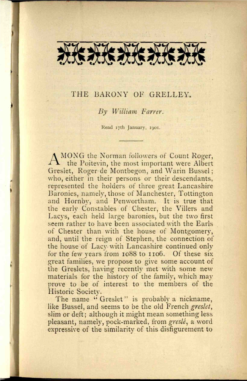 THE BARONY of GRELLEY. by William 1'Nrrer