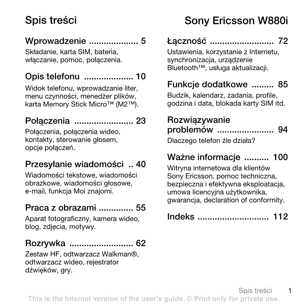 Spis Treści Sony Ericsson W880i