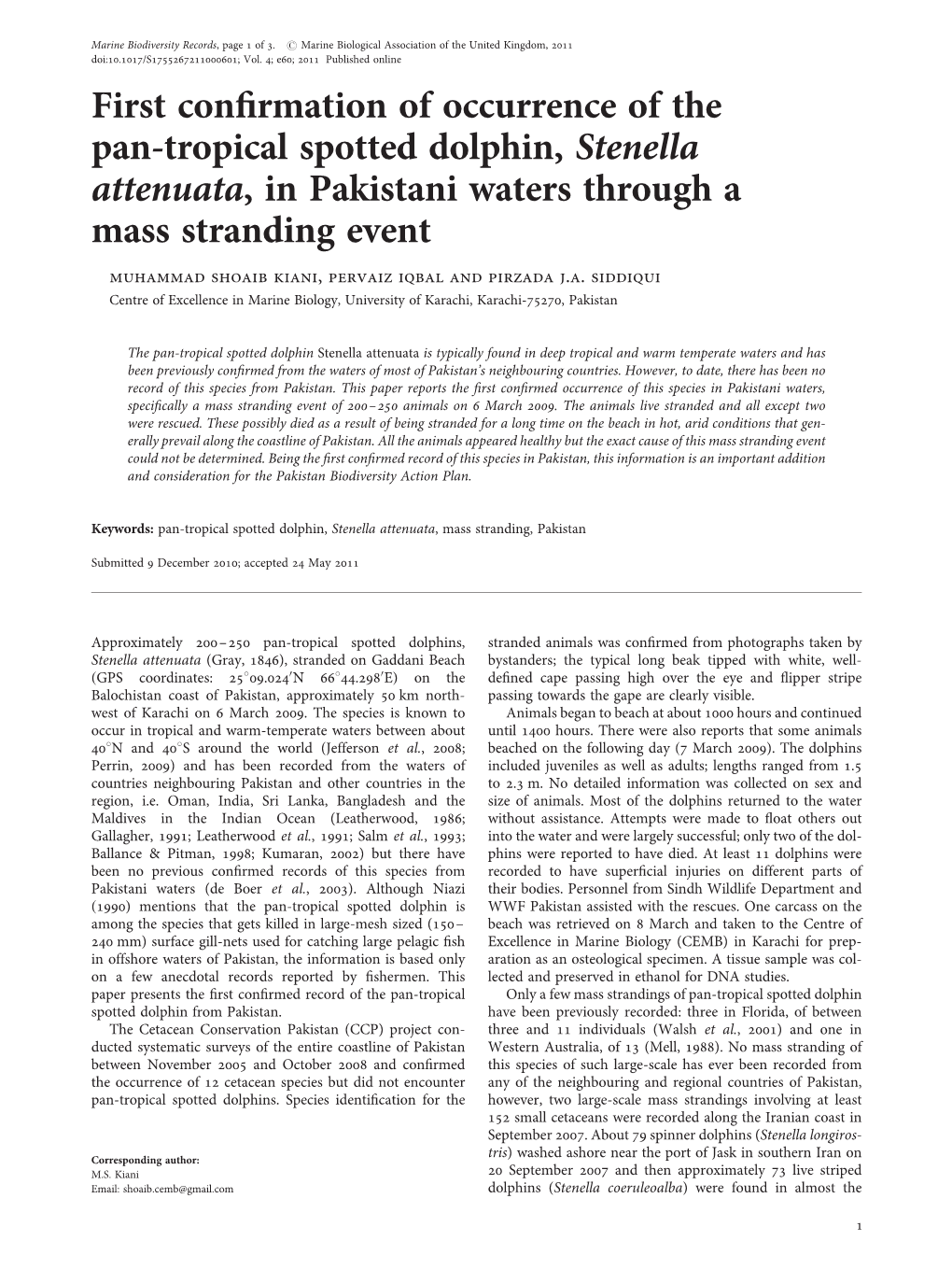 Kiani Et Al. 2011: Pantropical Spotted Dolphin Stranding Event in Pakistan