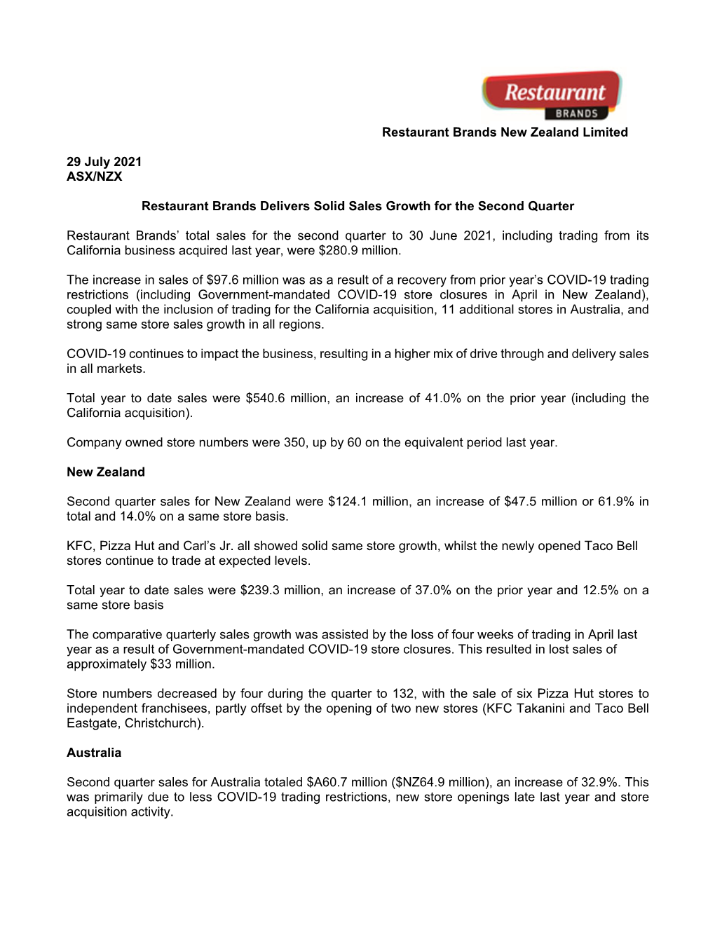 Restaurant Brands New Zealand Limited 29 July 2021 ASX