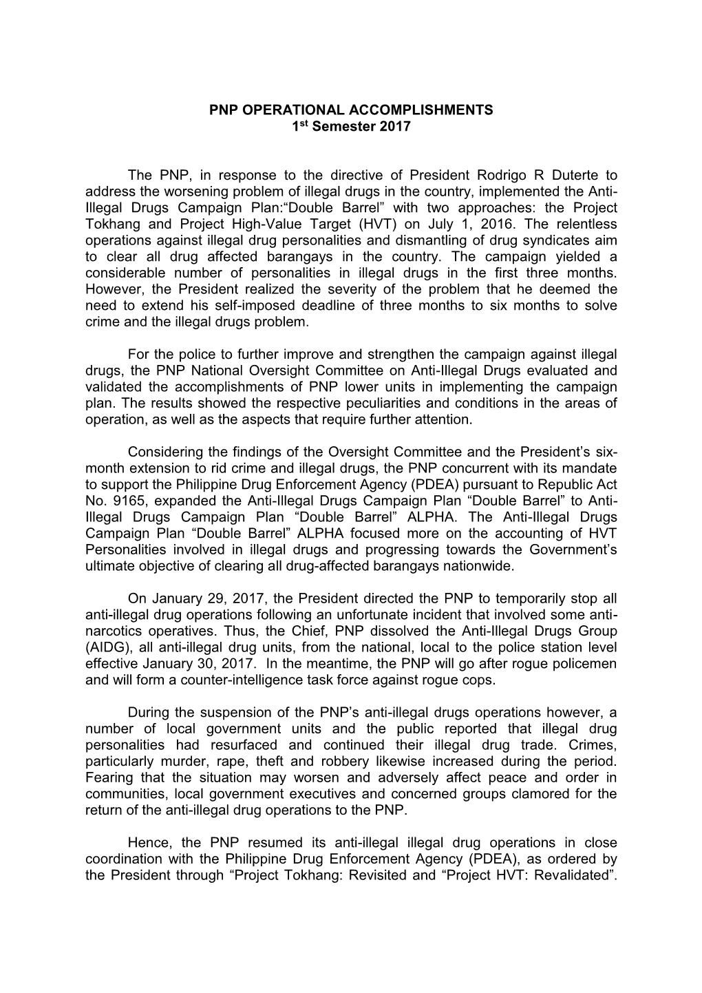 PNP OPERATIONAL ACCOMPLISHMENTS 1St Semester 2017