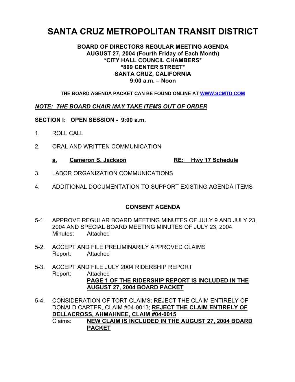 SCMTD August 2004 Board of Directors Agendas