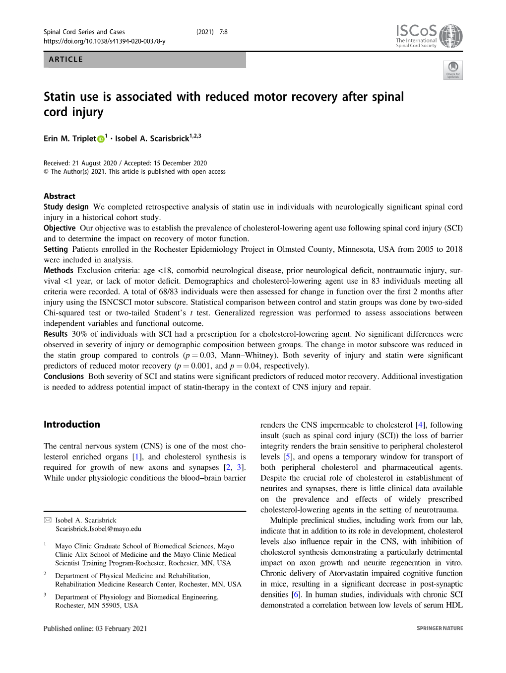 Statin Use Is Associated with Reduced Motor Recovery After Spinal Cord Injury