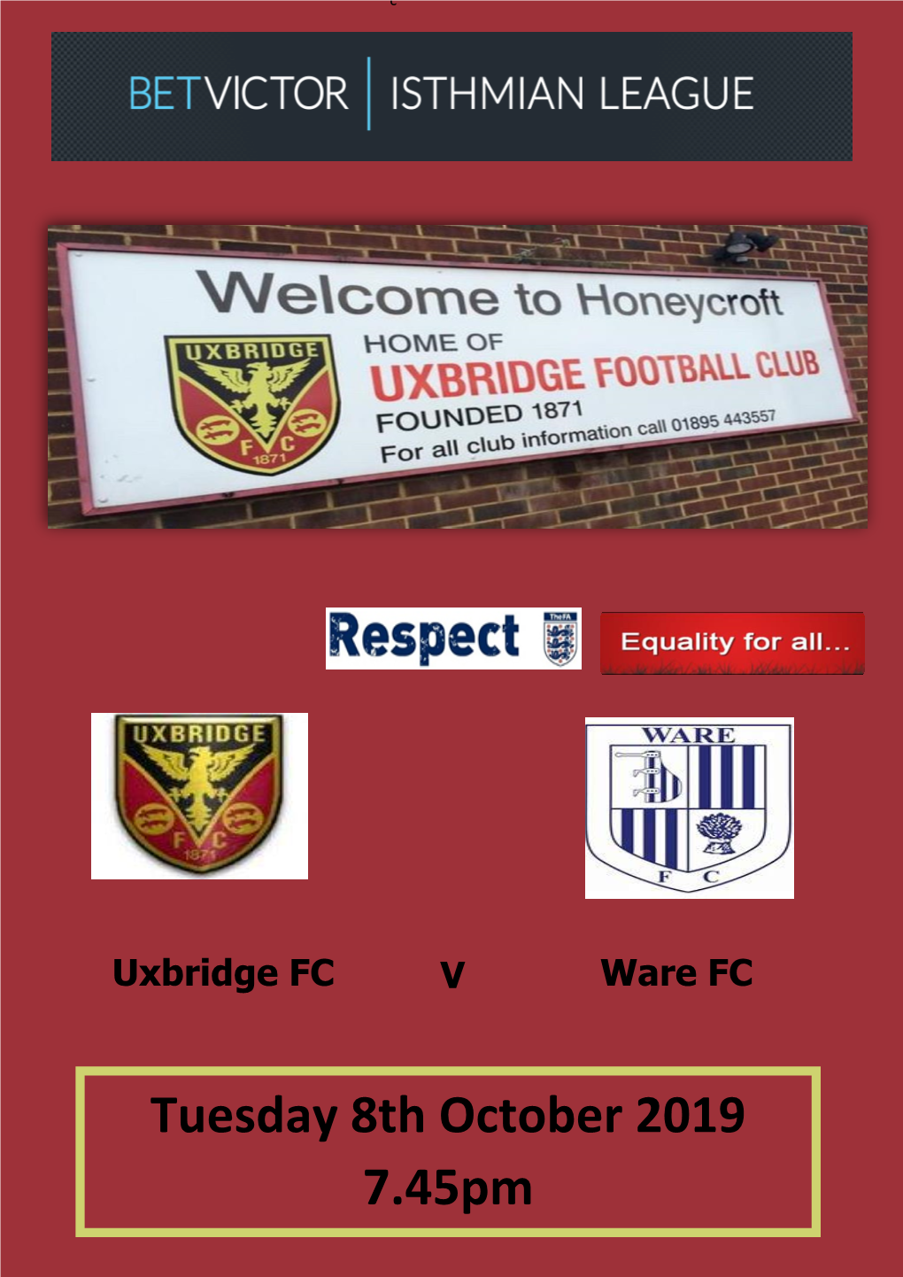 Tuesday 8Th October 2019 7.45Pm UXBRIDGE FOOTBALL CLUB