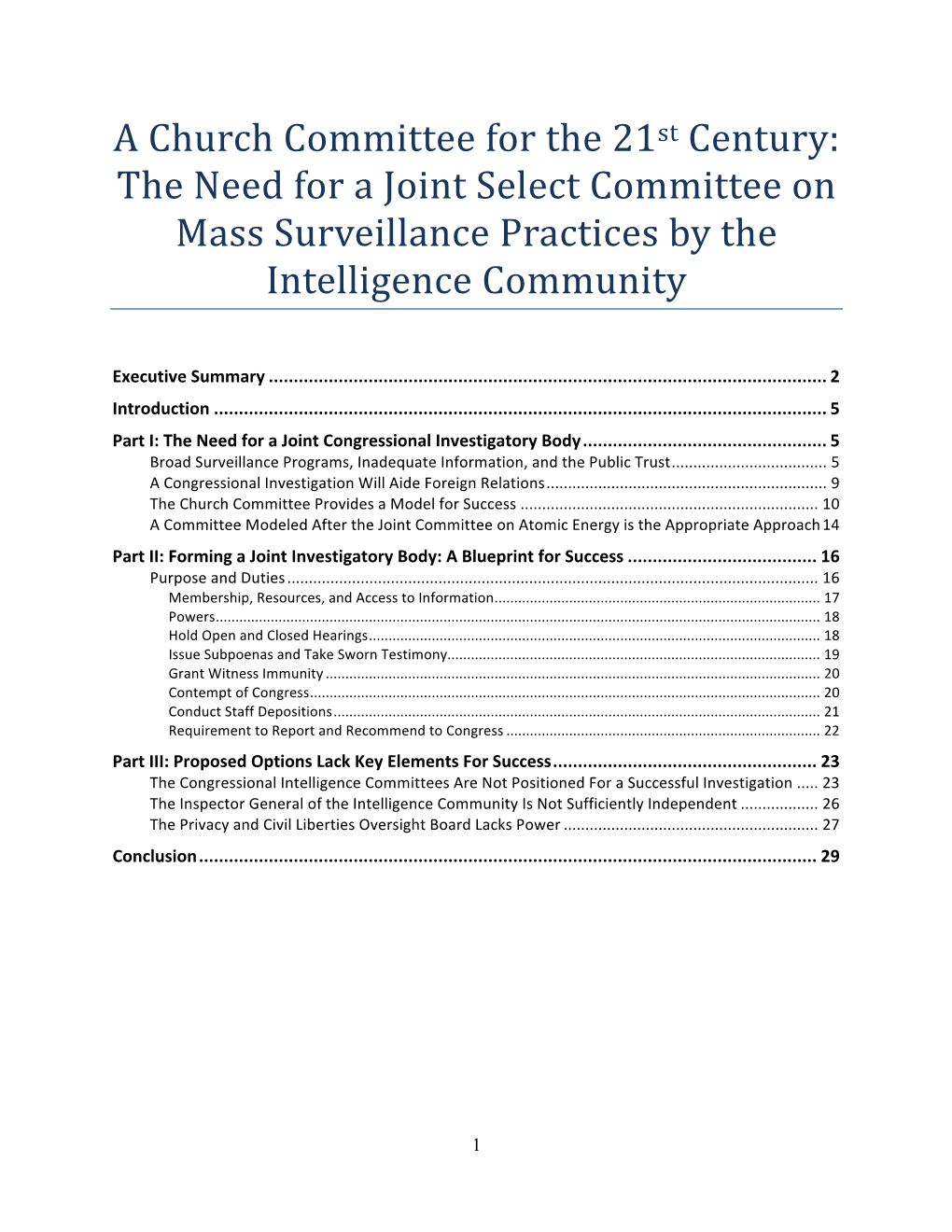 A Church Committee for the 21St Century: the Need for a Joint Select Committee on Mass Surveillance Practices by the Intelligence Community