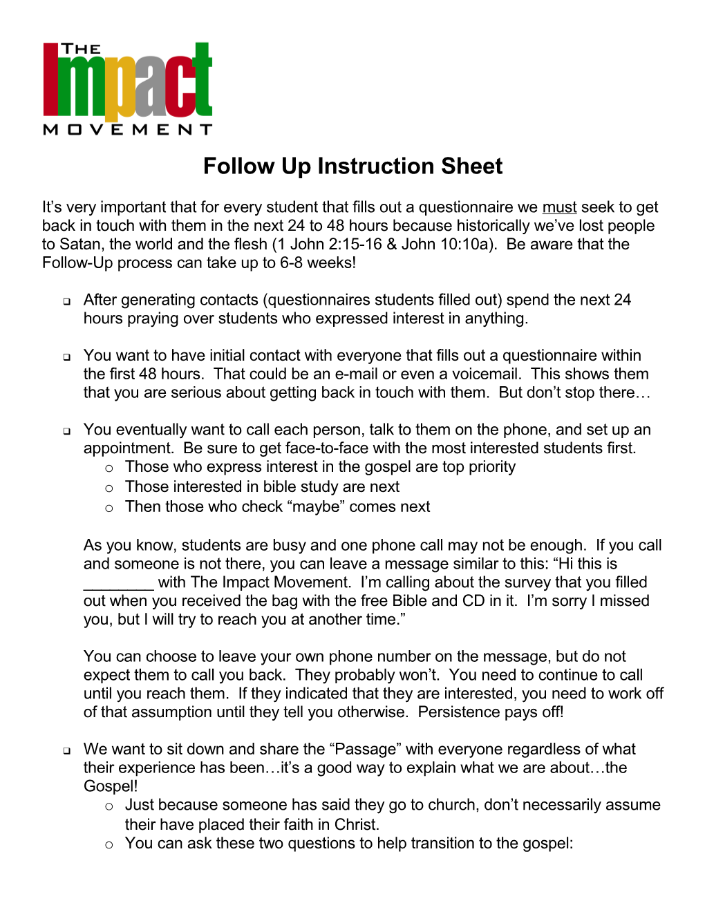 Follow up Instruction Sheet