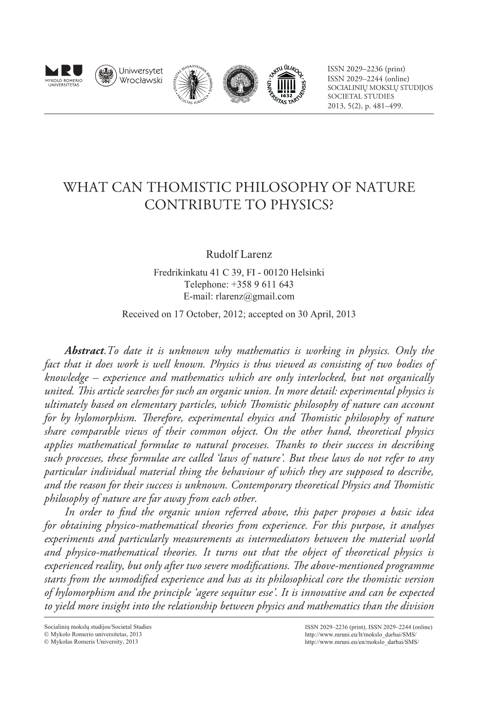 What Can Thomistic Philosophy of Nature Contribute to Physics?