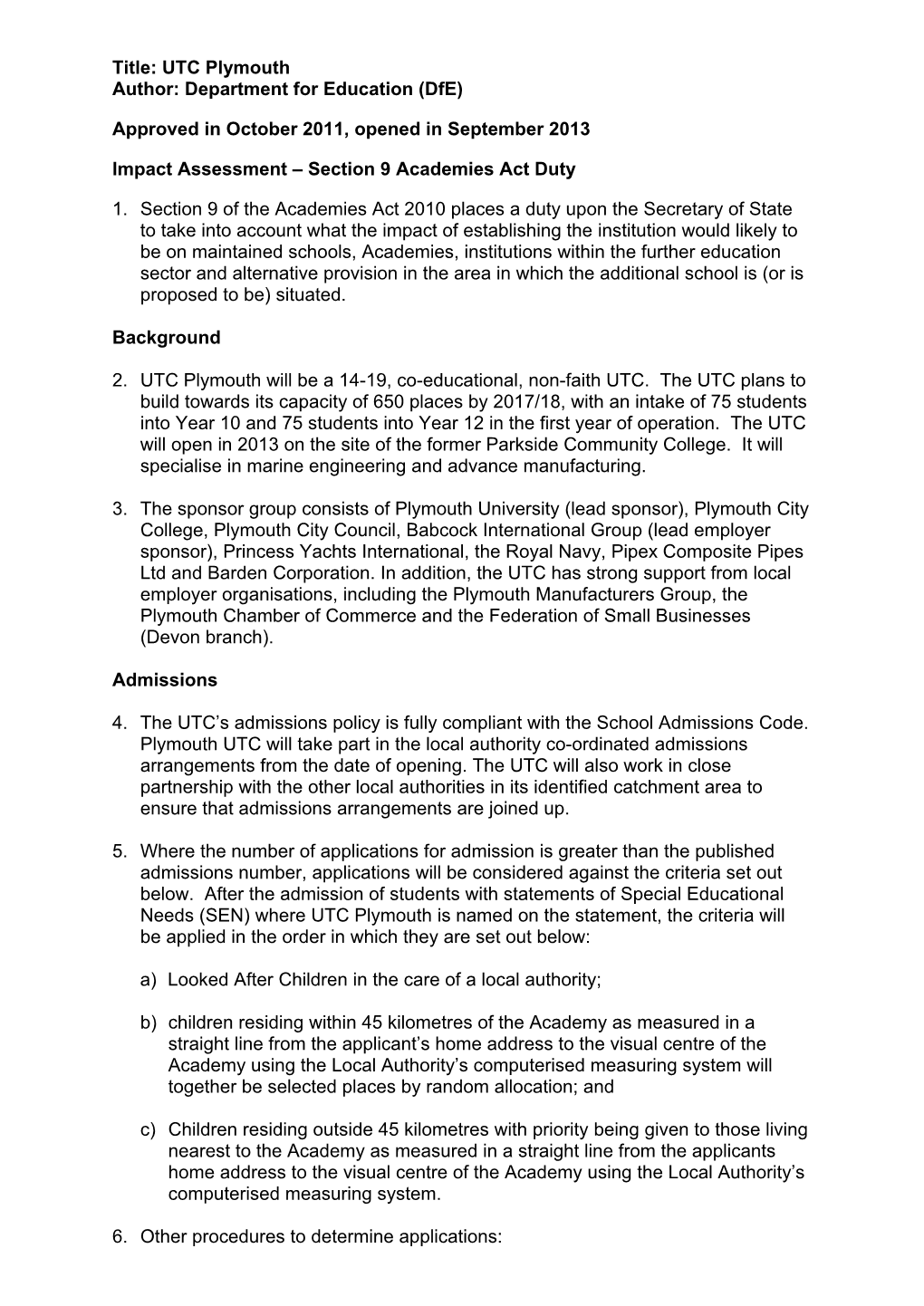 UTC Plymouth Author: Department for Education (Dfe)