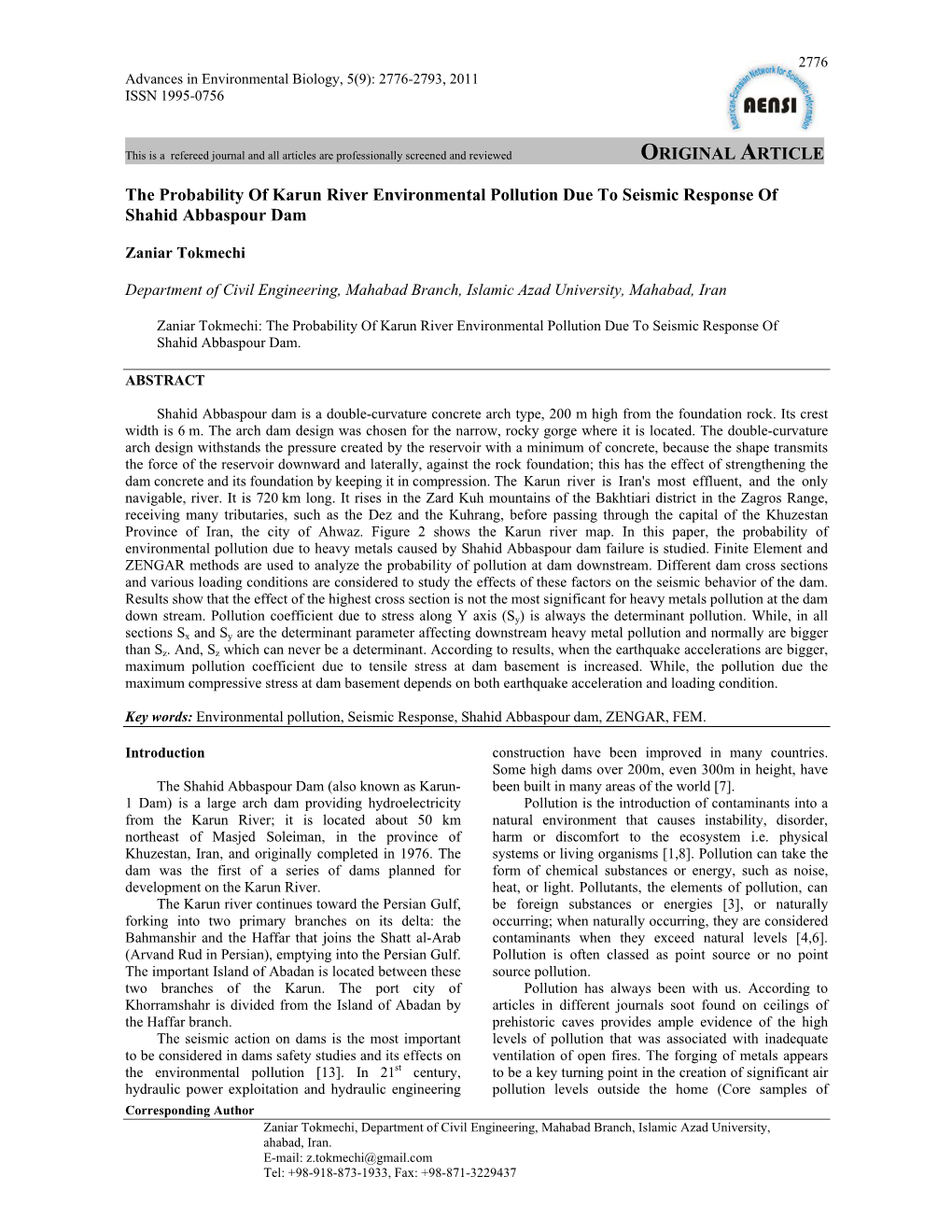 ORIGINAL ARTICLE the Probability of Karun River Environmental Pollution Due to Seismic Response of Shahid Abbaspour