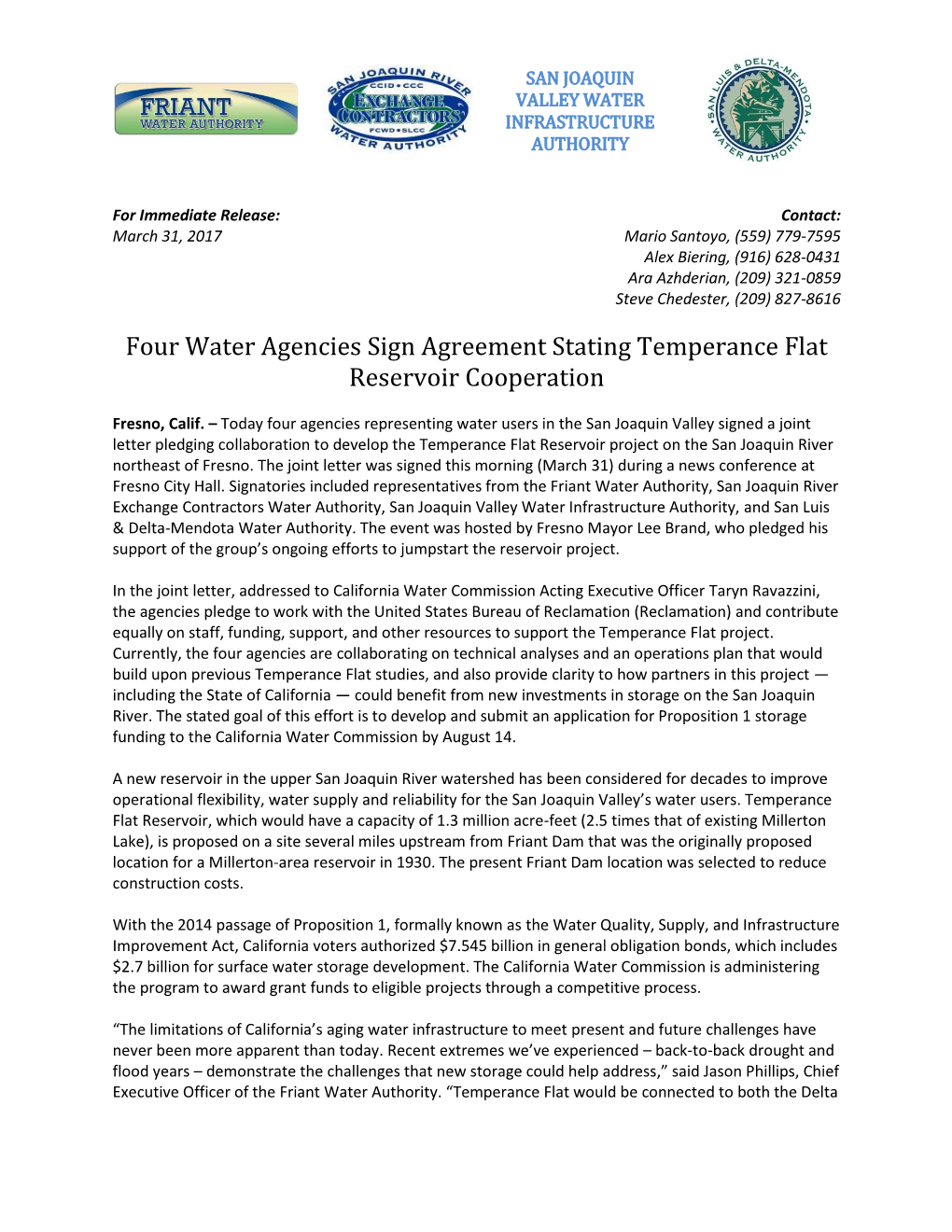 Four Water Agencies Sign Agreement Stating Temperance Flat Reservoir Cooperation