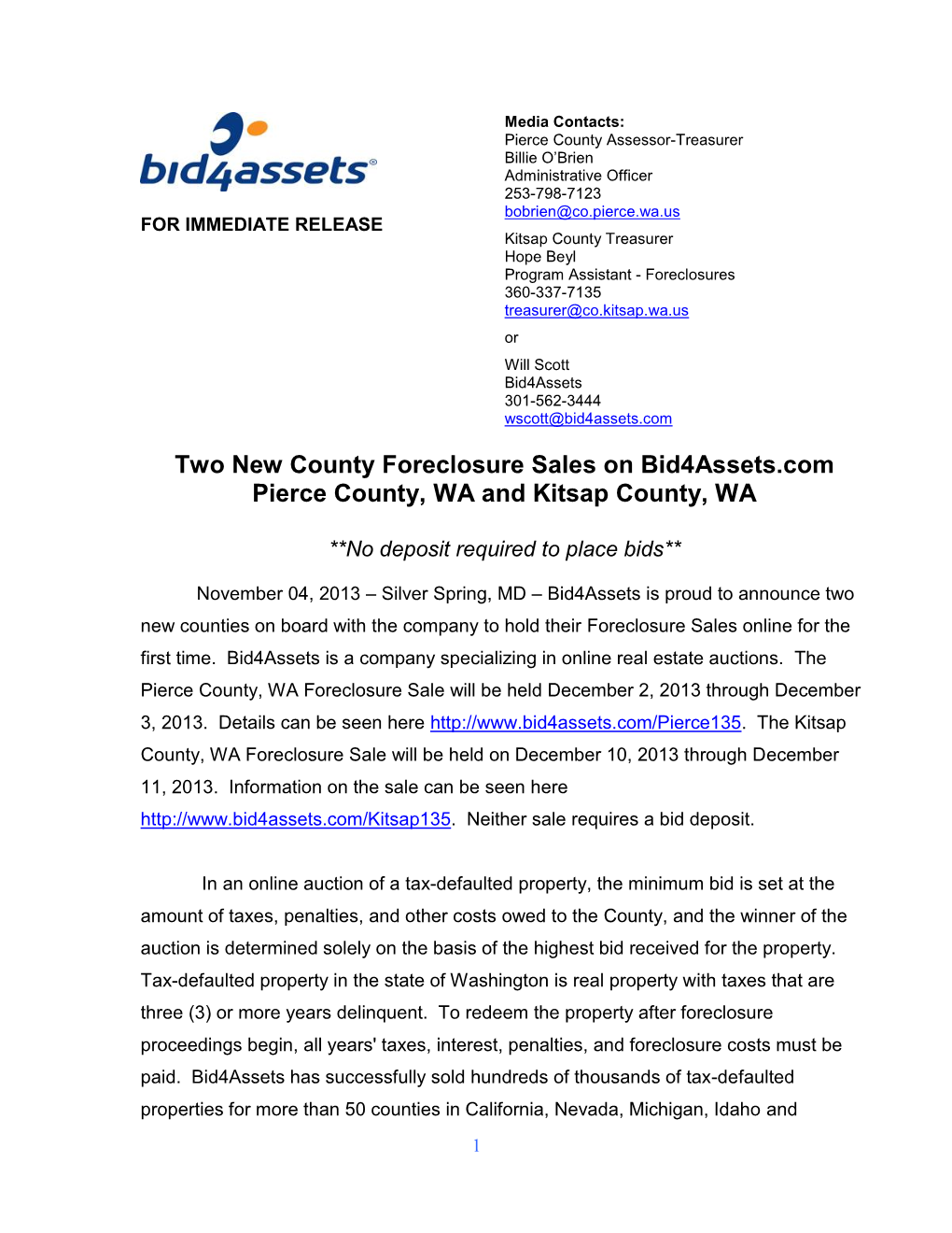 Two New County Foreclosure Sales on Bid4assets.Com Pierce County, WA and Kitsap County, WA