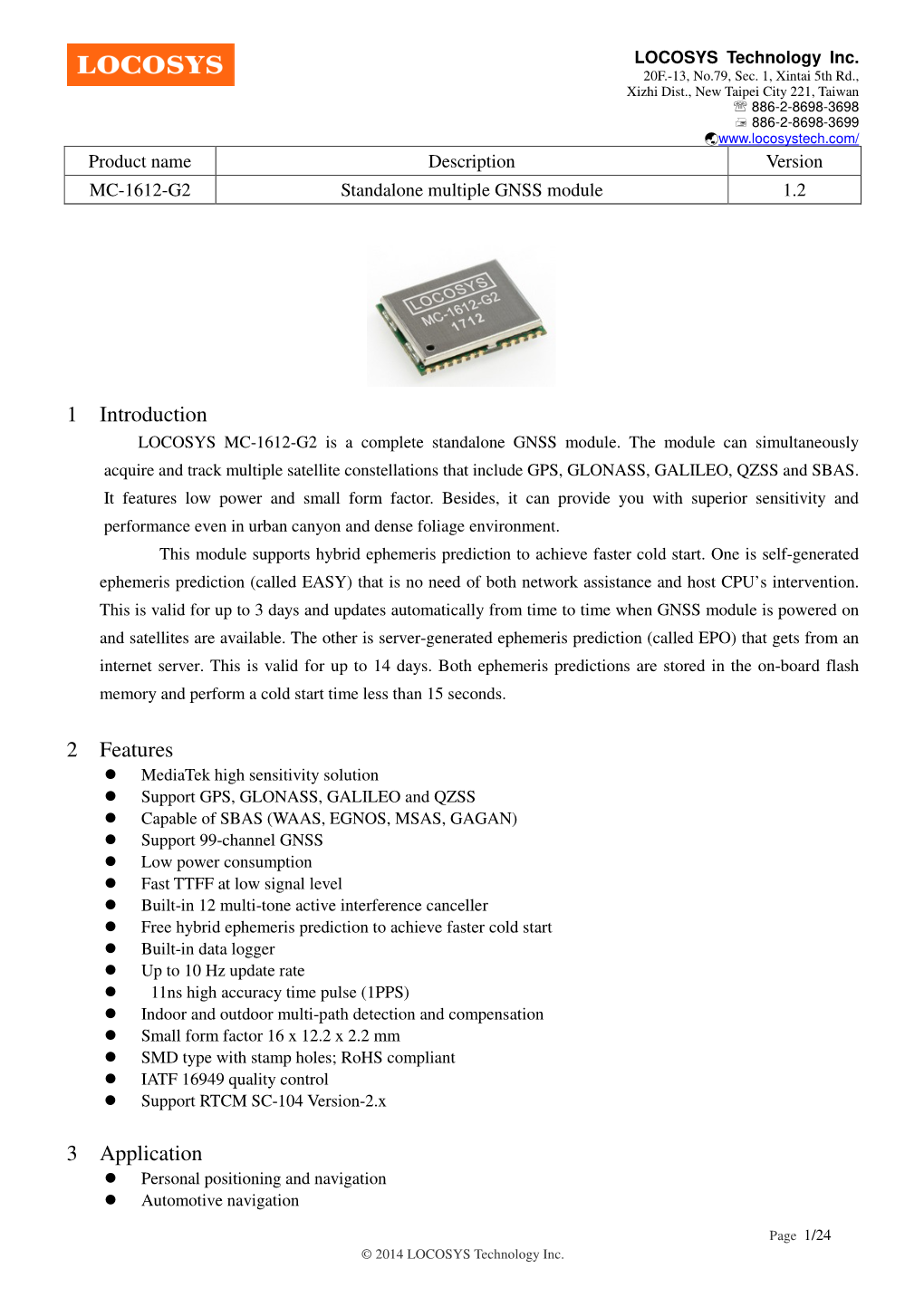 MC-1612-G2 GNSS Module Datasheet V1.2