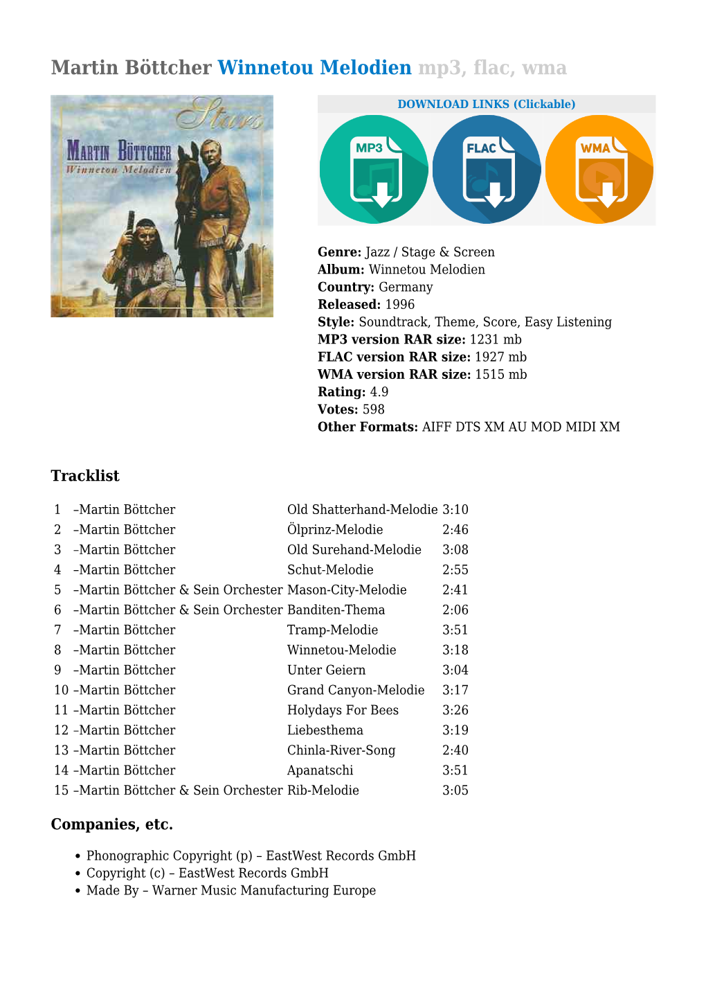 Martin Böttcher Winnetou Melodien Mp3, Flac, Wma