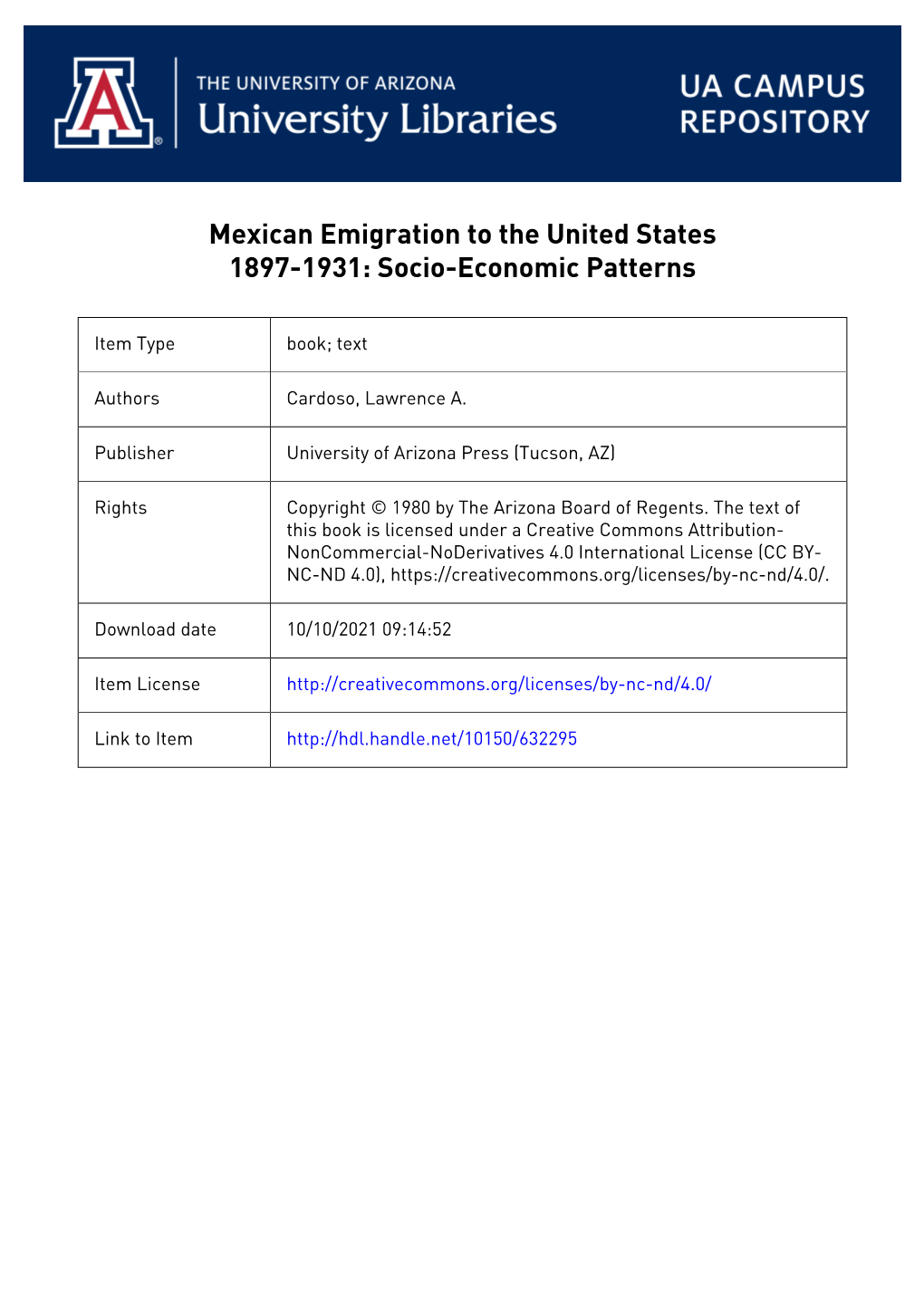 Mexican Emigration to the United States, 1897–1931