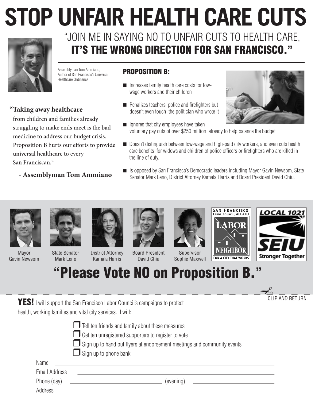 Stop Unfair Health Care Cuts “Join Me in Saying No to Unfair Cuts to Health Care, It’S the Wrong Direction for San Francisco.”