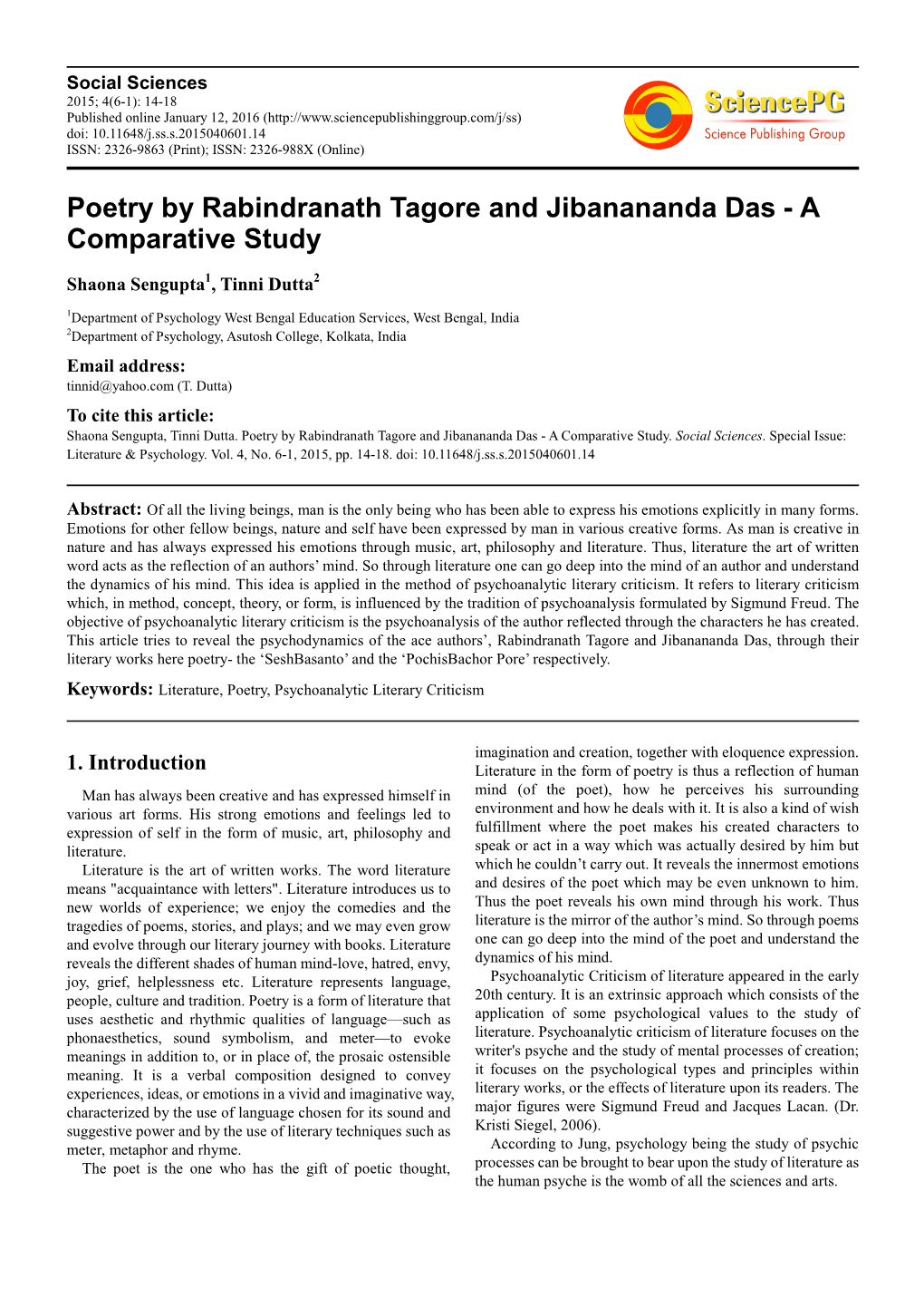 Poetry by Rabindranath Tagore and Jibanananda Das - a Comparative Study