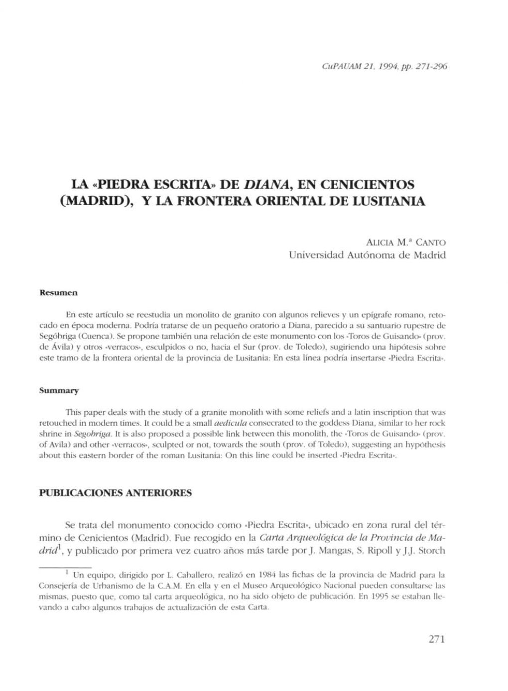 La «Piedra Escrita» De Diana, En Cenicientos (Madrid), Y La Frontera Oriental De Lusitania