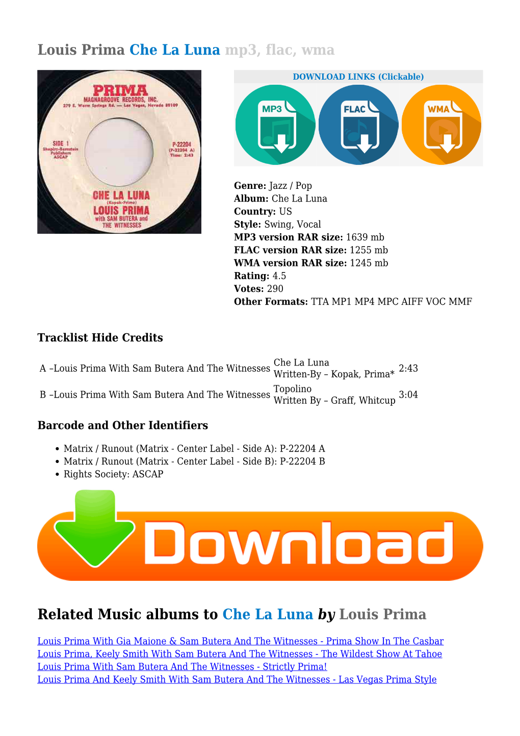 Louis Prima Che La Luna Mp3, Flac, Wma Related Music Albums to Che La Luna by Louis Prima