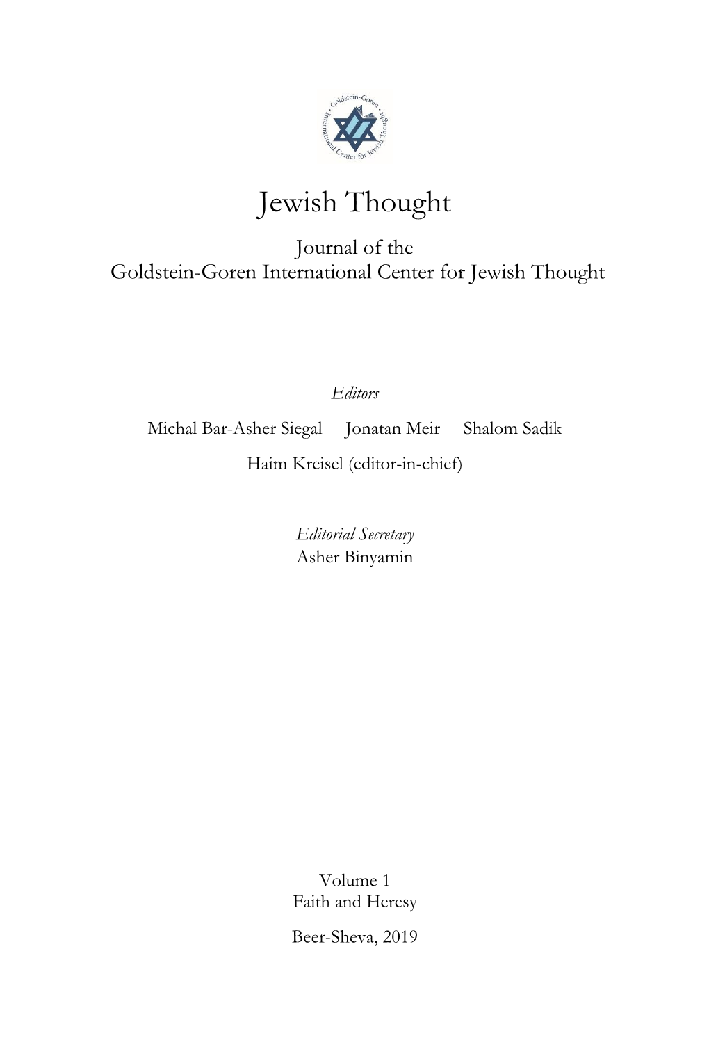 Jewish Thought Journal of the Goldstein-Goren International Center for Jewish Thought