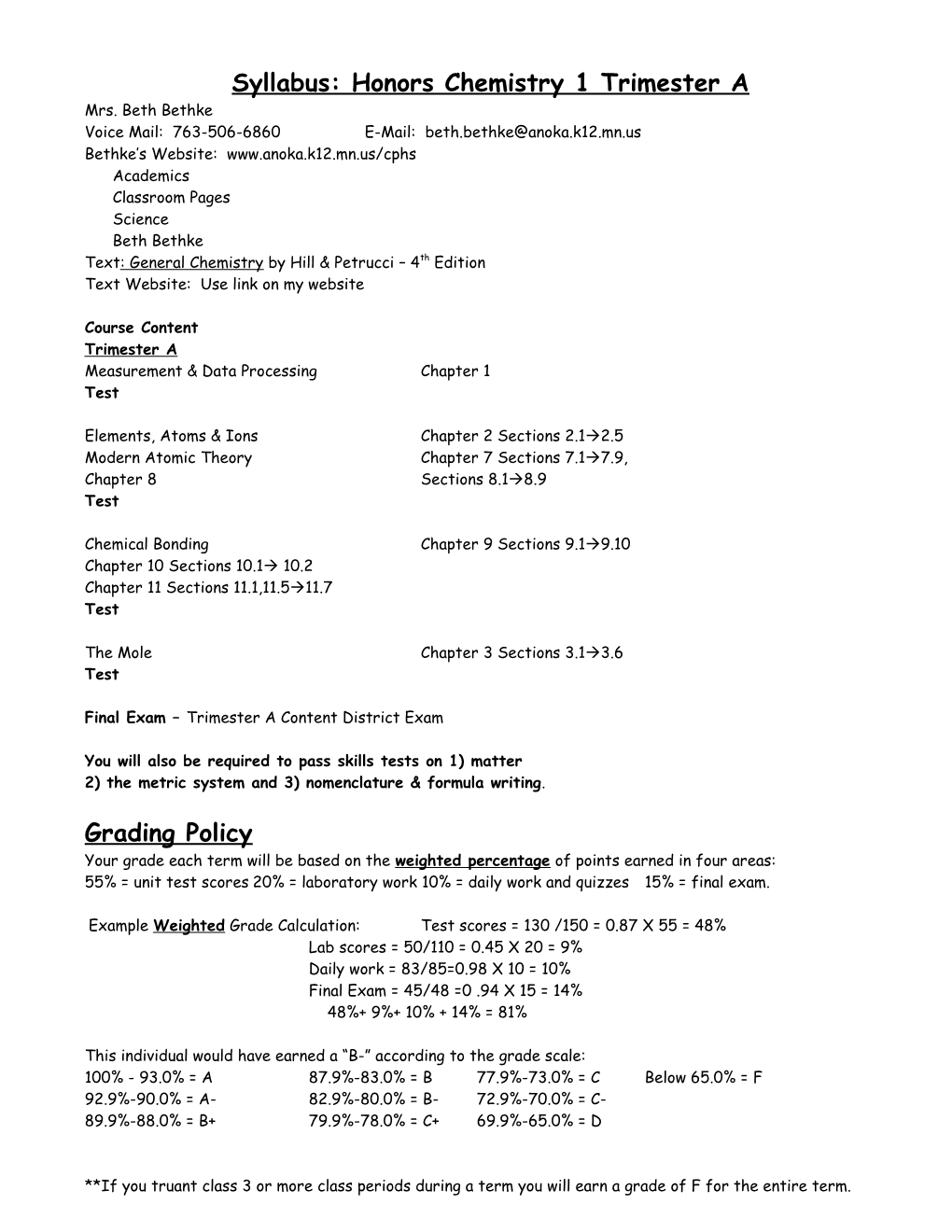 Honors Chemistry 1 Terms 3 & 4, 2001 Syllabus