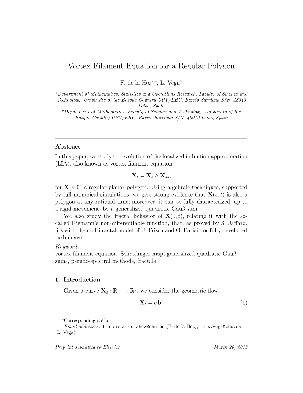 Vortex Filament Equation for a Regular Polygon