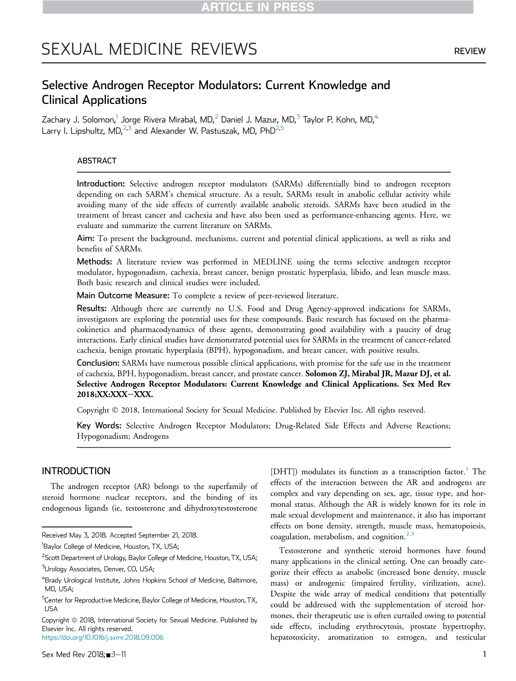 Selective Androgen Receptor Modulators: Current Knowledge and Clinical Applications