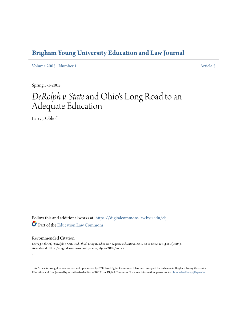 Derolph V. State and Ohio's Long Road to an Adequate Education Larry J