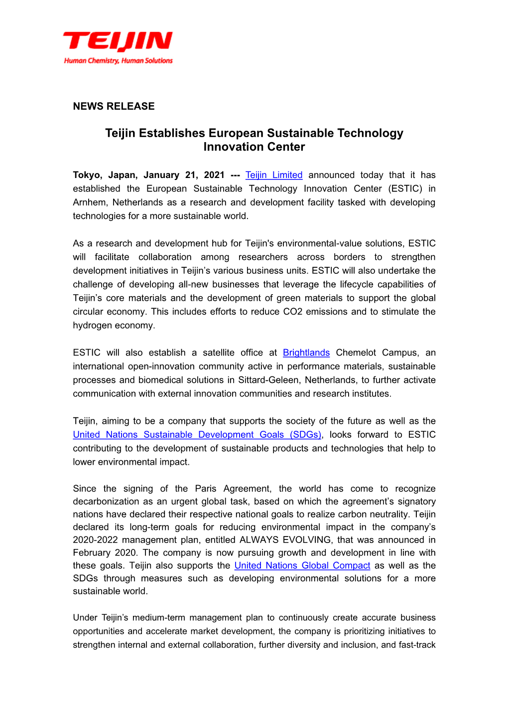 January 21, 2021Materials Teijin Establishes European Sustainable