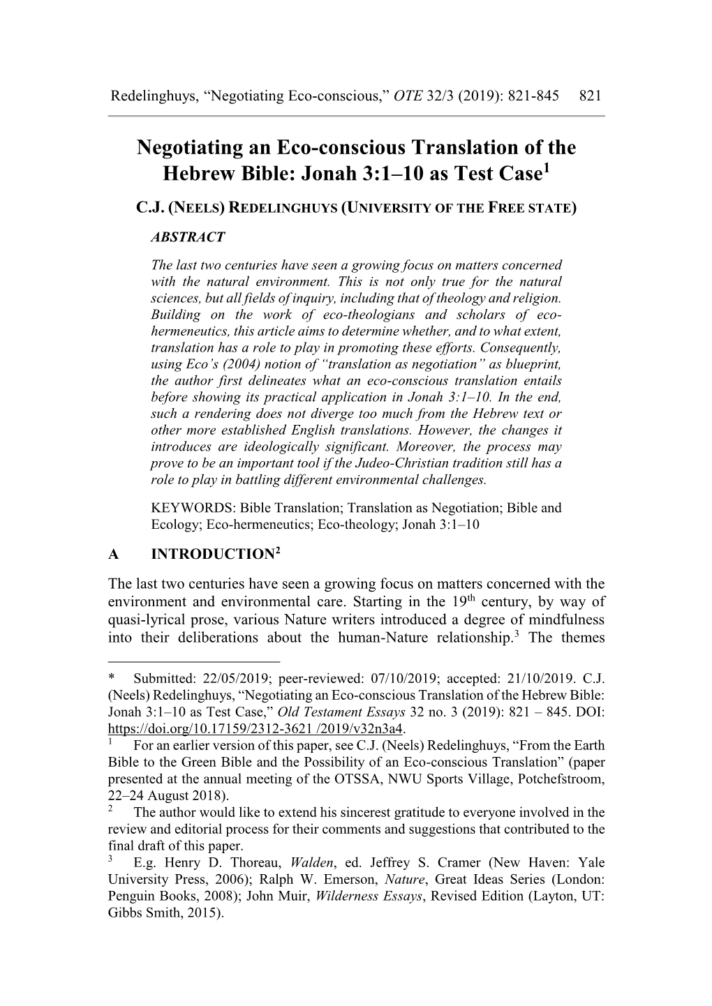 Negotiating an Eco-Conscious Translation of the Hebrew Bible: Jonah 3:1–10 As Test Case1