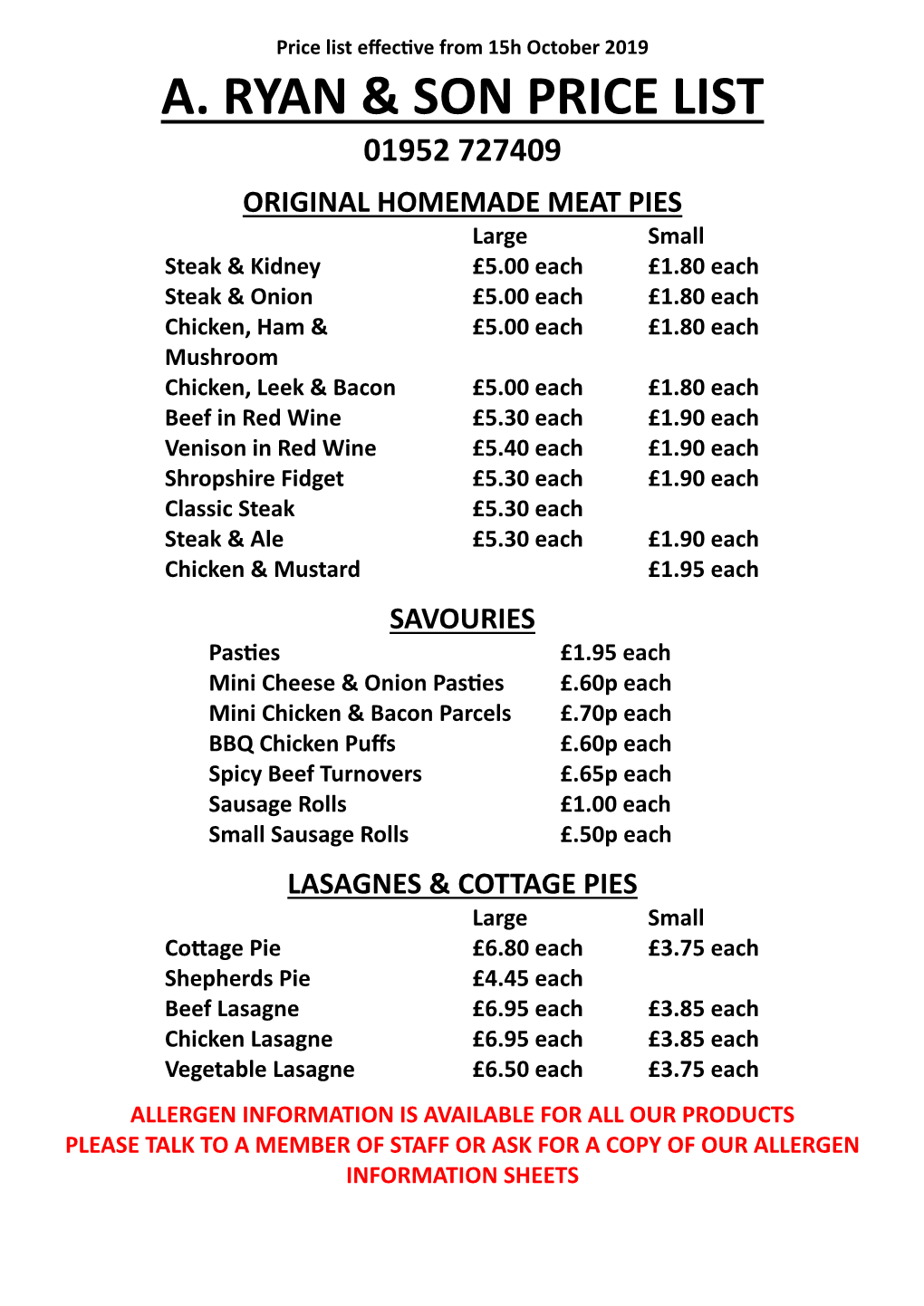 A. Ryan & Son Price List