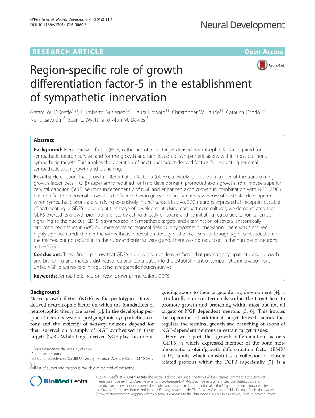 Region-Specific Role of Growth Differentiation Factor-5 in the Establishment of Sympathetic Innervation Gerard W