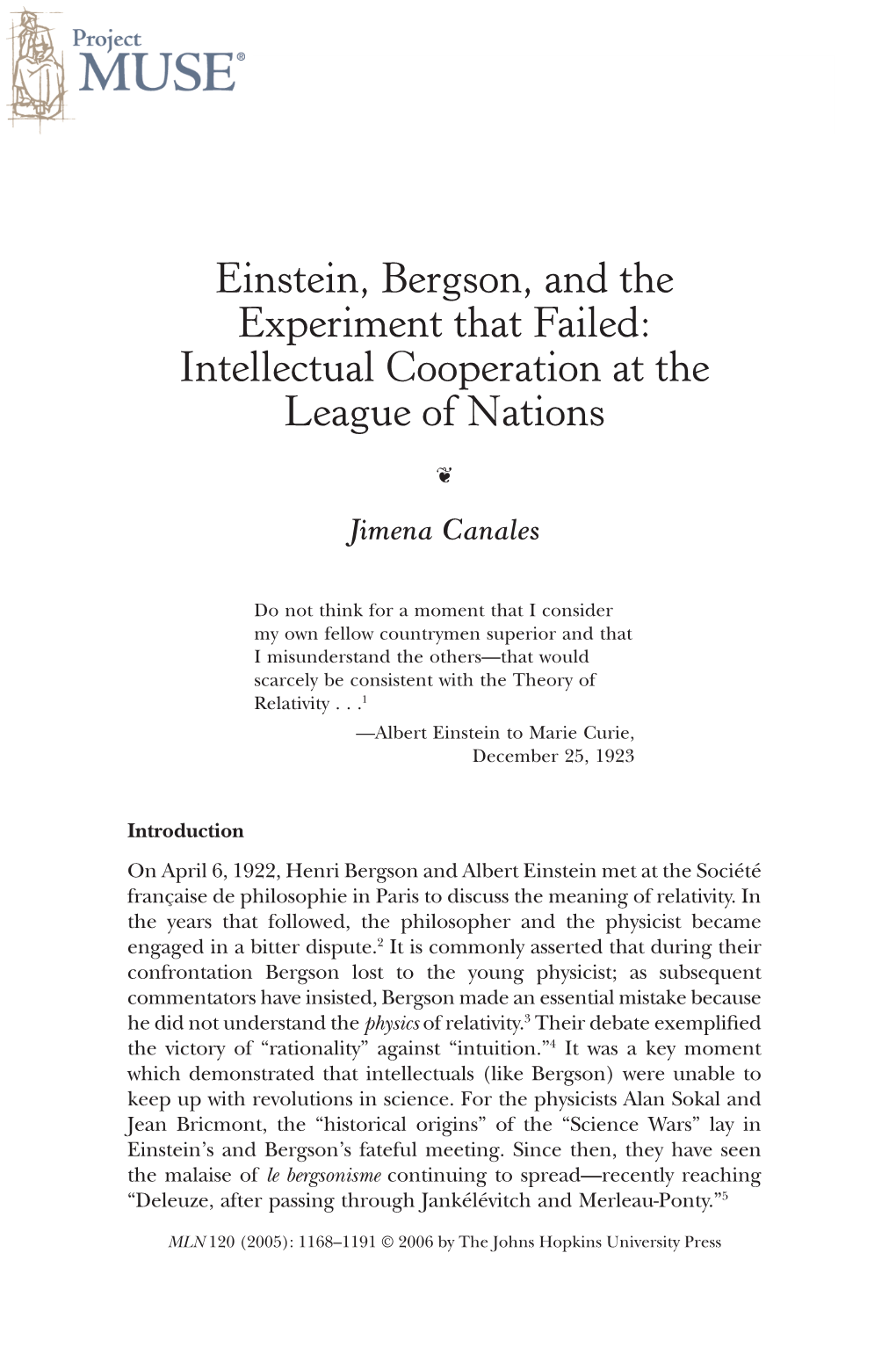 Einstein, Bergson, and the Experiment That Failed: Intellectual Cooperation at the League of Nations