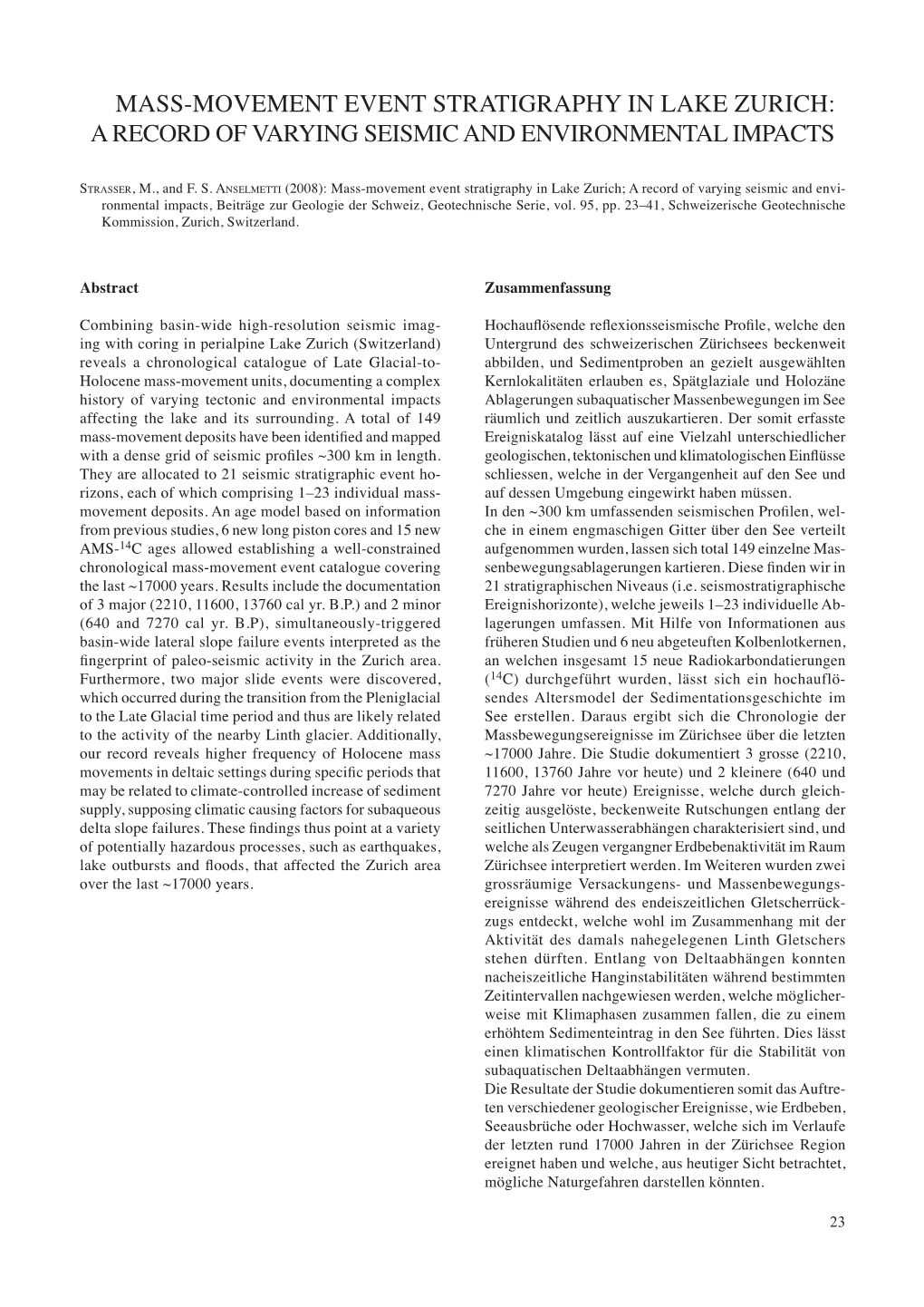 Mass-Movement Event Stratigraphy in Lake Zurich: a Record of Varying Seismic and Environmental Impacts