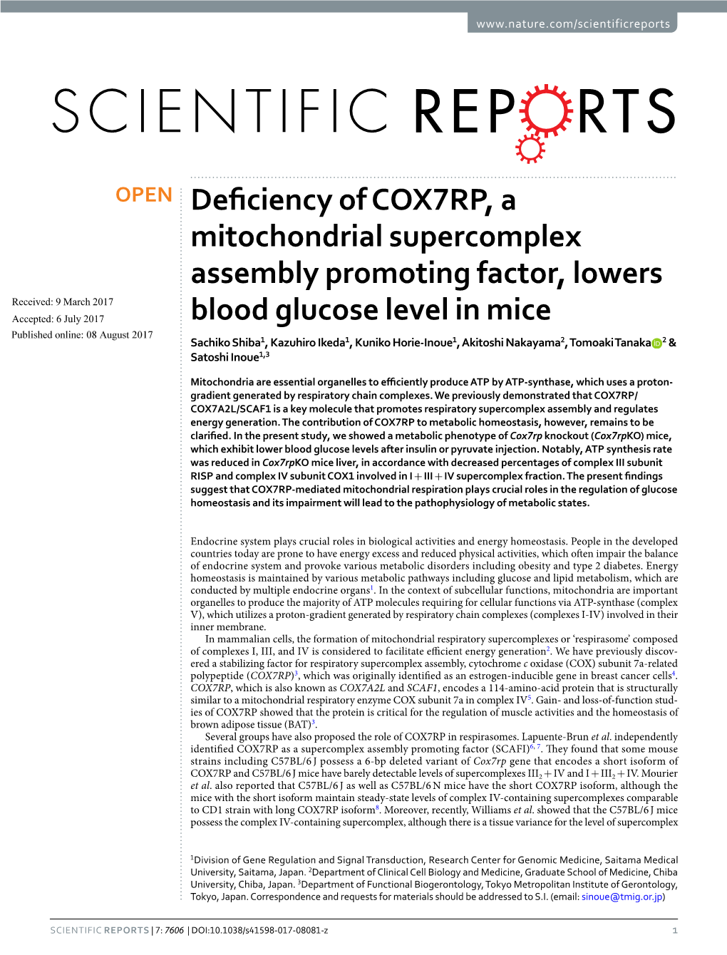 Deficiency of COX7RP, a Mitochondrial Supercomplex