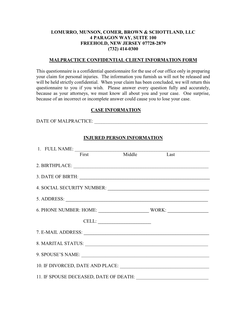 Medical Malpractice Client Information Form