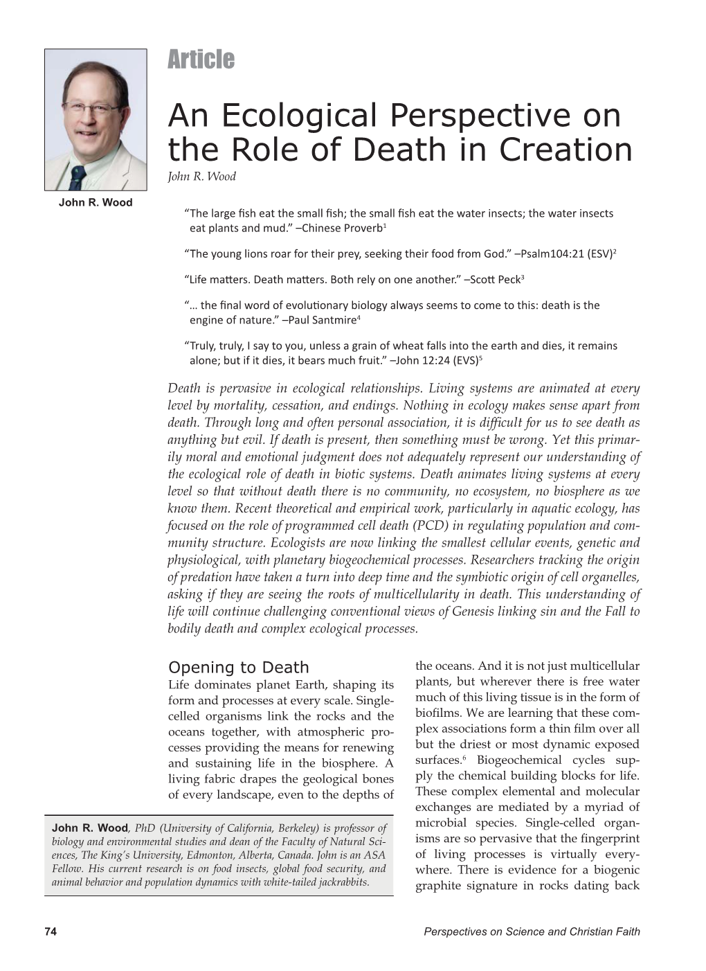 An Ecological Perspective on the Role of Death in Creation John R