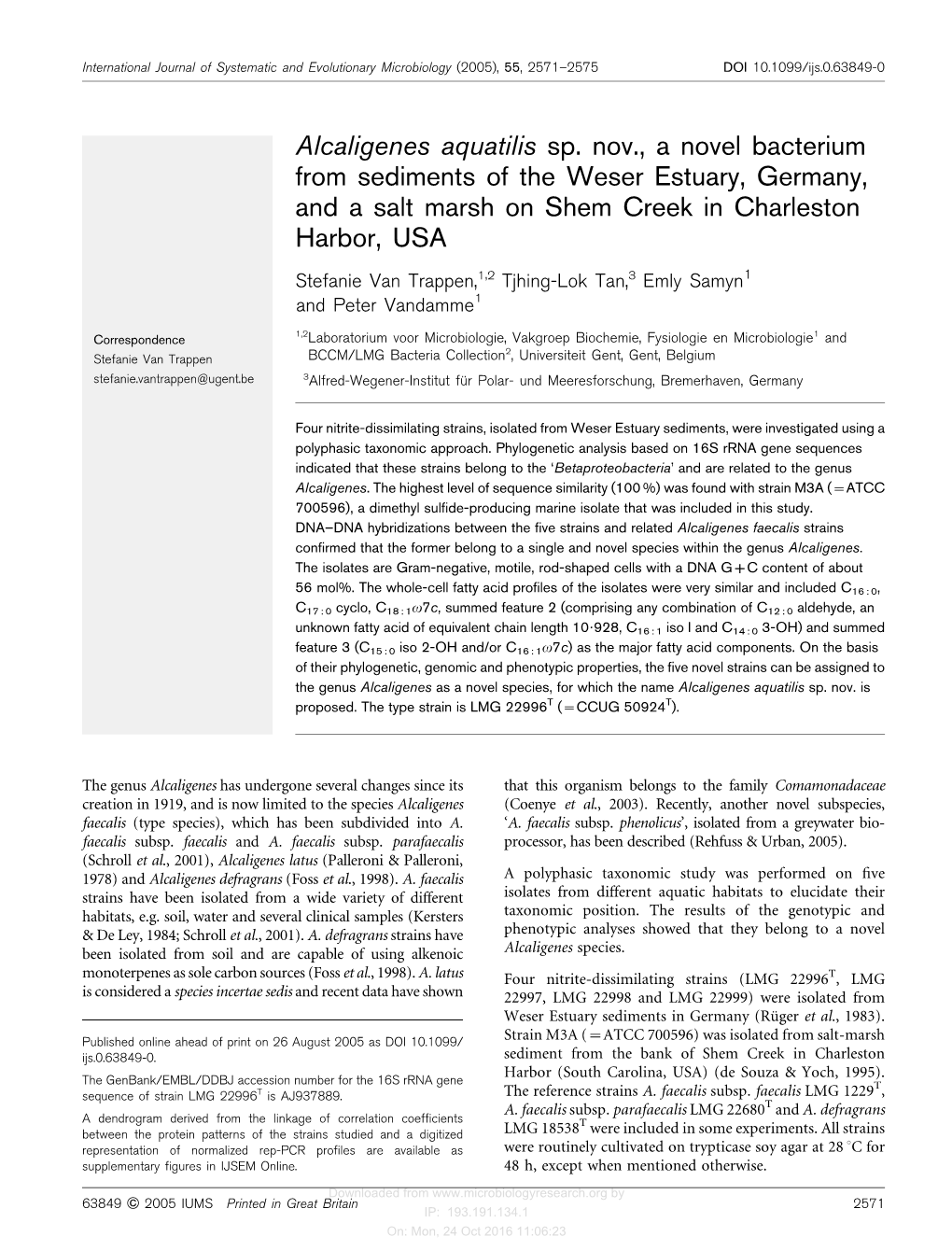 Alcaligenes Aquatilis Sp. Nov., a Novel Bacterium from Sediments of the Weser Estuary, Germany, and a Salt Marsh on Shem Creek in Charleston Harbor, USA