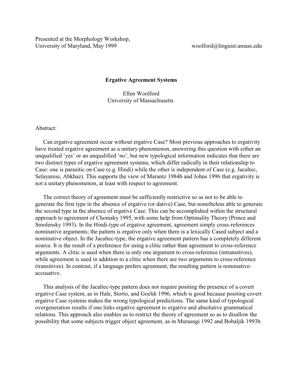 Ergative Agreement Systems