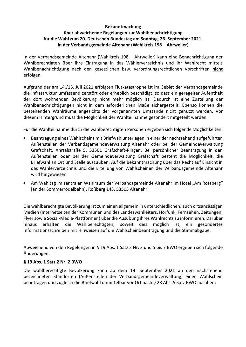 Bekanntmachung Über Abweichende Regelungen Zur Wahlbenachrichtigung Für Die Wahl Zum 20. Deutschen Bundestag Am Sonntag, 26. S