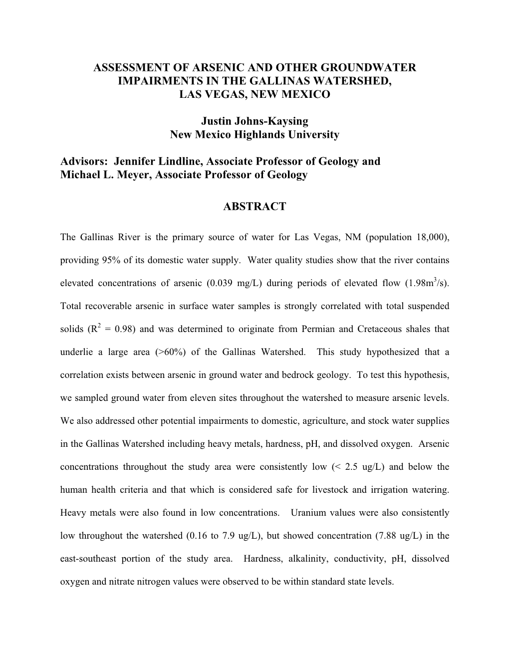 Assessment of Arsenic and Other Groundwater Impairments in the Gallinas Watershed, Las Vegas, New Mexico