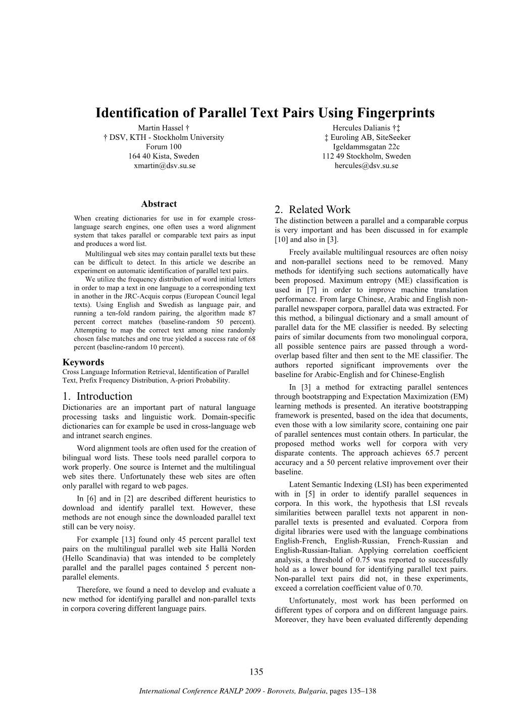 Identification of Parallel Text Pairs Using Fingerprints