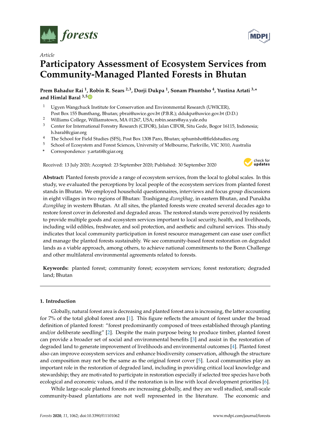 Participatory Assessment of Ecosystem Services from Community-Managed Planted Forests in Bhutan