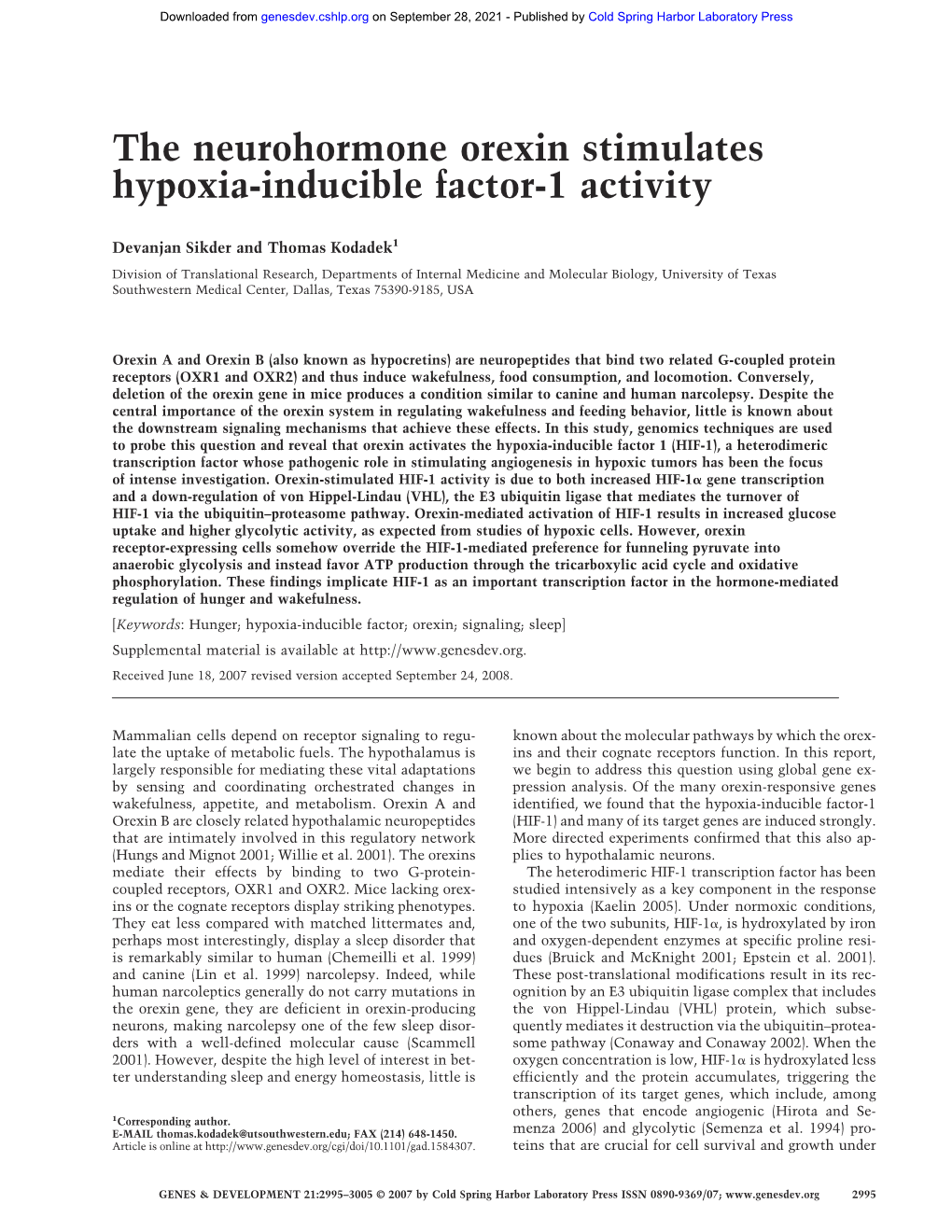 The Neurohormone Orexin Stimulates Hypoxia-Inducible Factor-1 Activity
