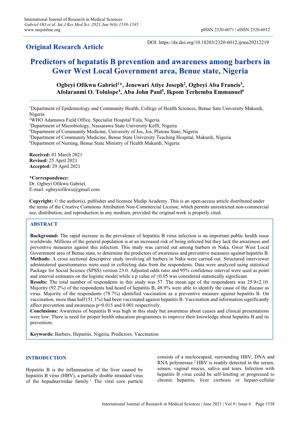 Predictors of Hepatatis B Prevention and Awareness Among Barbers in Gwer West Local Government Area, Benue State, Nigeria