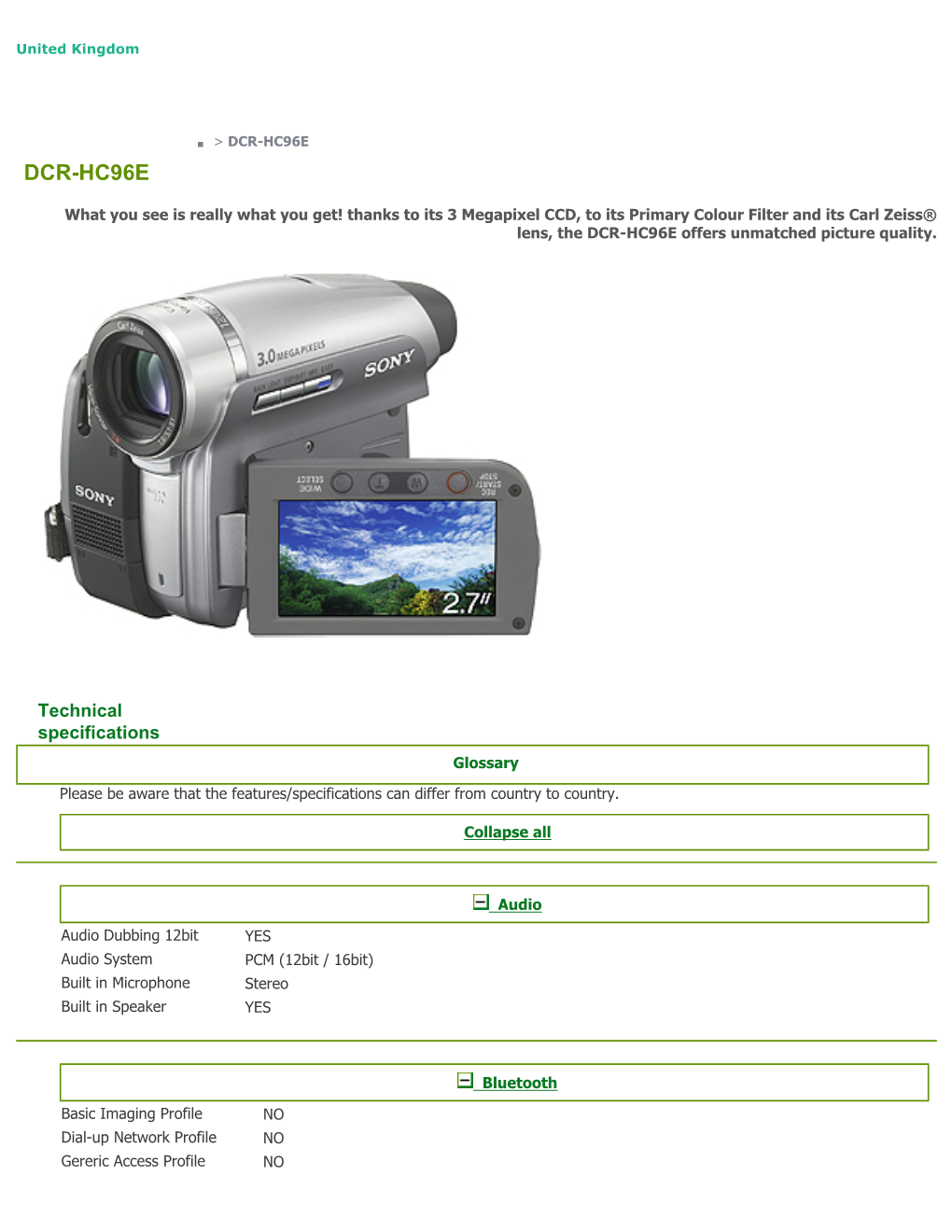 Sony : DCR-HC96E (DCRHC96E) : Technical Specifications : United